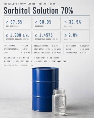 Sorbitol Solution 70%, Liquid Sorbitol Syrup in BP/USP/EP Grade, Sugar Alcohol Polyol for Food and Cosmetic Formulation, CAS 50-70-4, INS 420